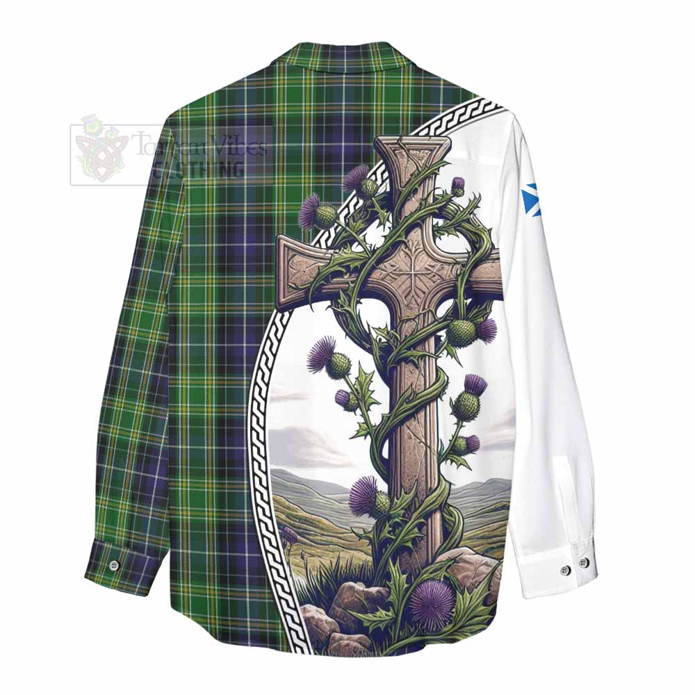Tartan Vibes Clothing McKellar Tartan Women's Casual Shirt with Family Crest and St. Andrew's Cross Accented by Thistle Vines