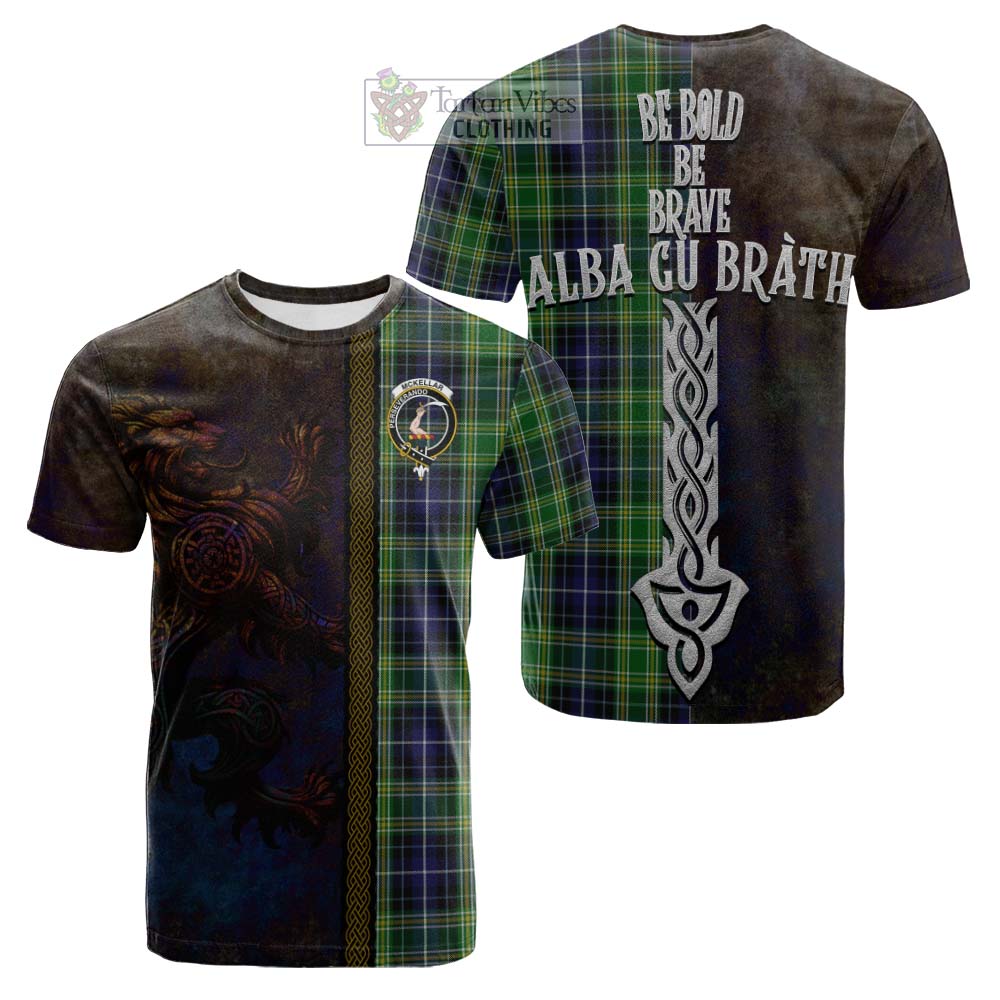 Tartan Vibes Clothing McKellar Tartan Family Crest Cotton T-shirt Alba Gu Brath Be Brave Lion Ancient Style