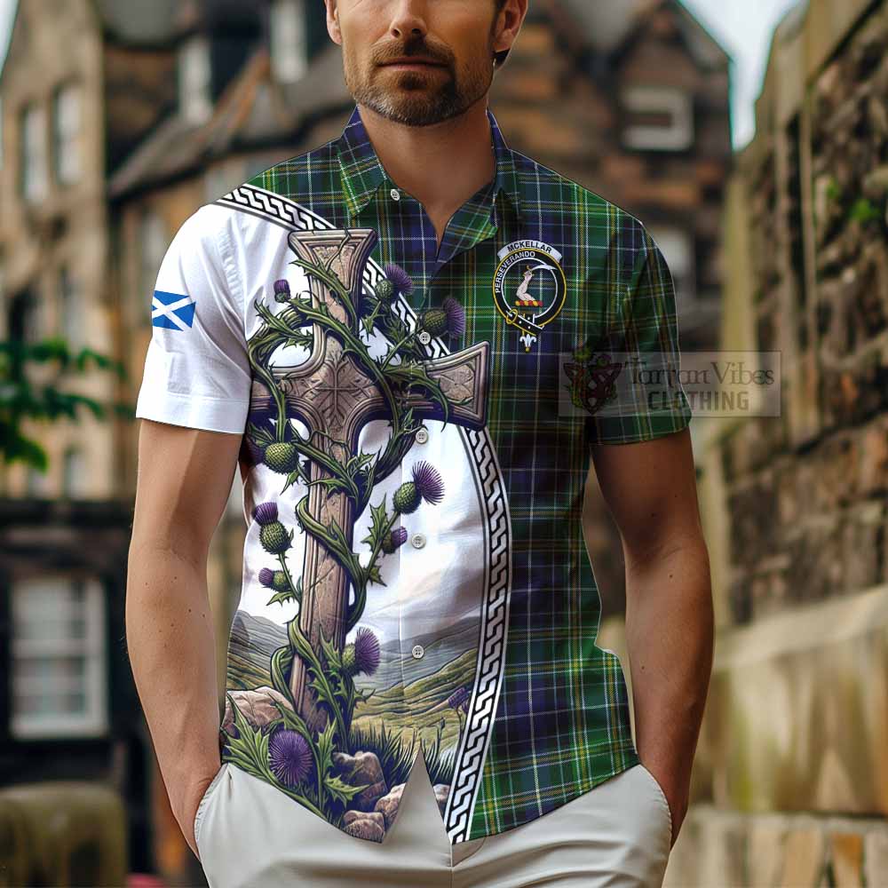 Tartan Vibes Clothing McKellar Tartan Short Sleeve Button Shirt with Family Crest and St. Andrew's Cross Accented by Thistle Vines