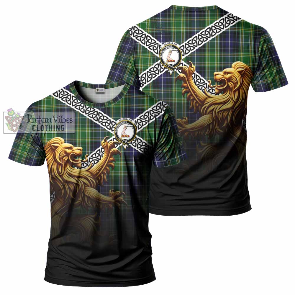 Tartan Vibes Clothing McKellar Crest Tartan T-Shirt with Golden Lion Emblem Celtic Style