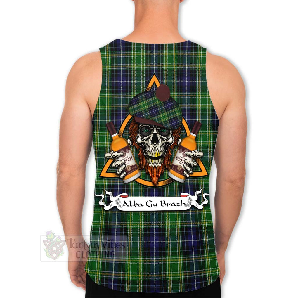 Tartan Vibes Clothing McKellar Tartan Men's Tank Top with Family Crest and Bearded Skull Holding Bottles of Whiskey