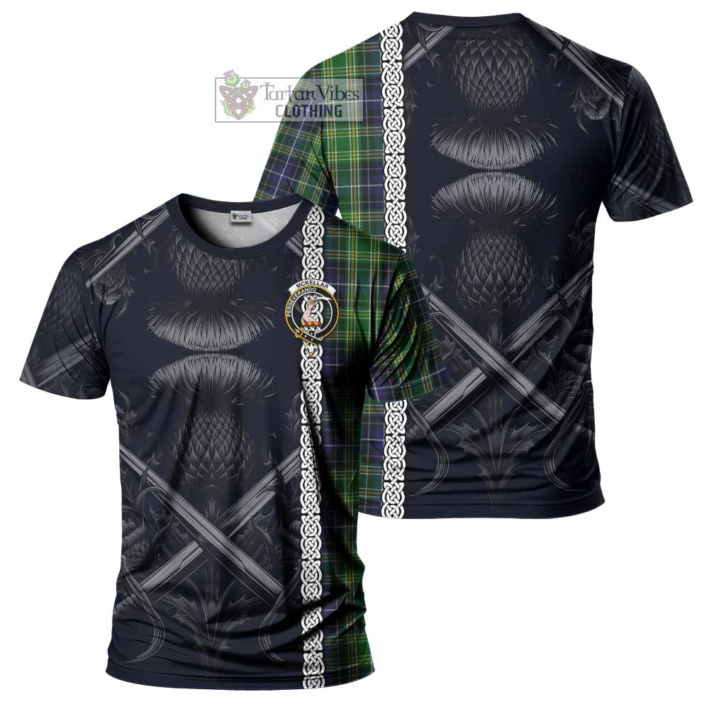 Tartan Vibes Clothing McKellar Tartan T-Shirt with Family Crest Cross Sword Thistle Celtic Vibes