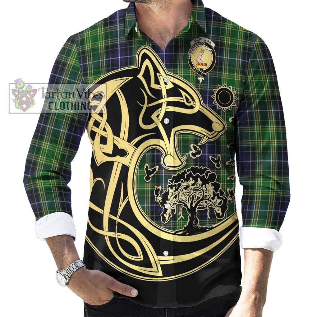 McKellar Tartan Long Sleeve Button Shirt with Family Crest Celtic Wolf Style - Tartan Vibes Clothing