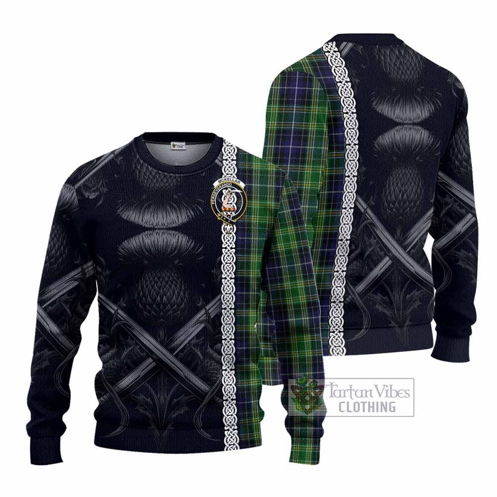 Tartan Vibes Clothing McKellar Tartan Knitted Sweater with Family Crest Cross Sword Thistle Celtic Vibes