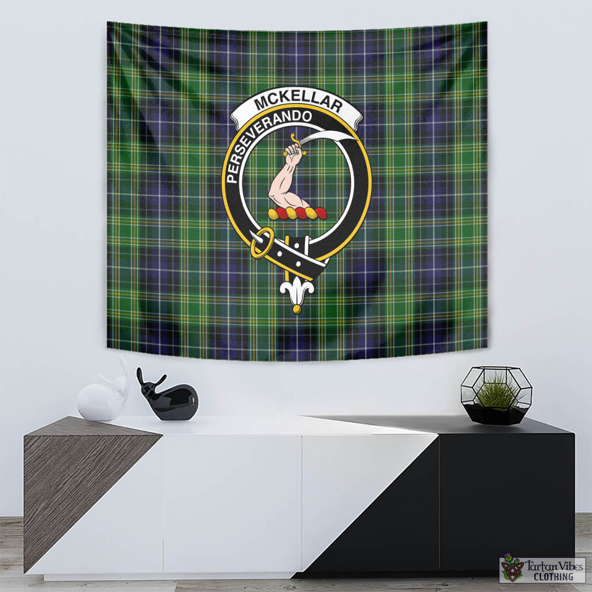 Tartan Vibes Clothing McKellar Tartan Tapestry Wall Hanging and Home Decor for Room with Family Crest