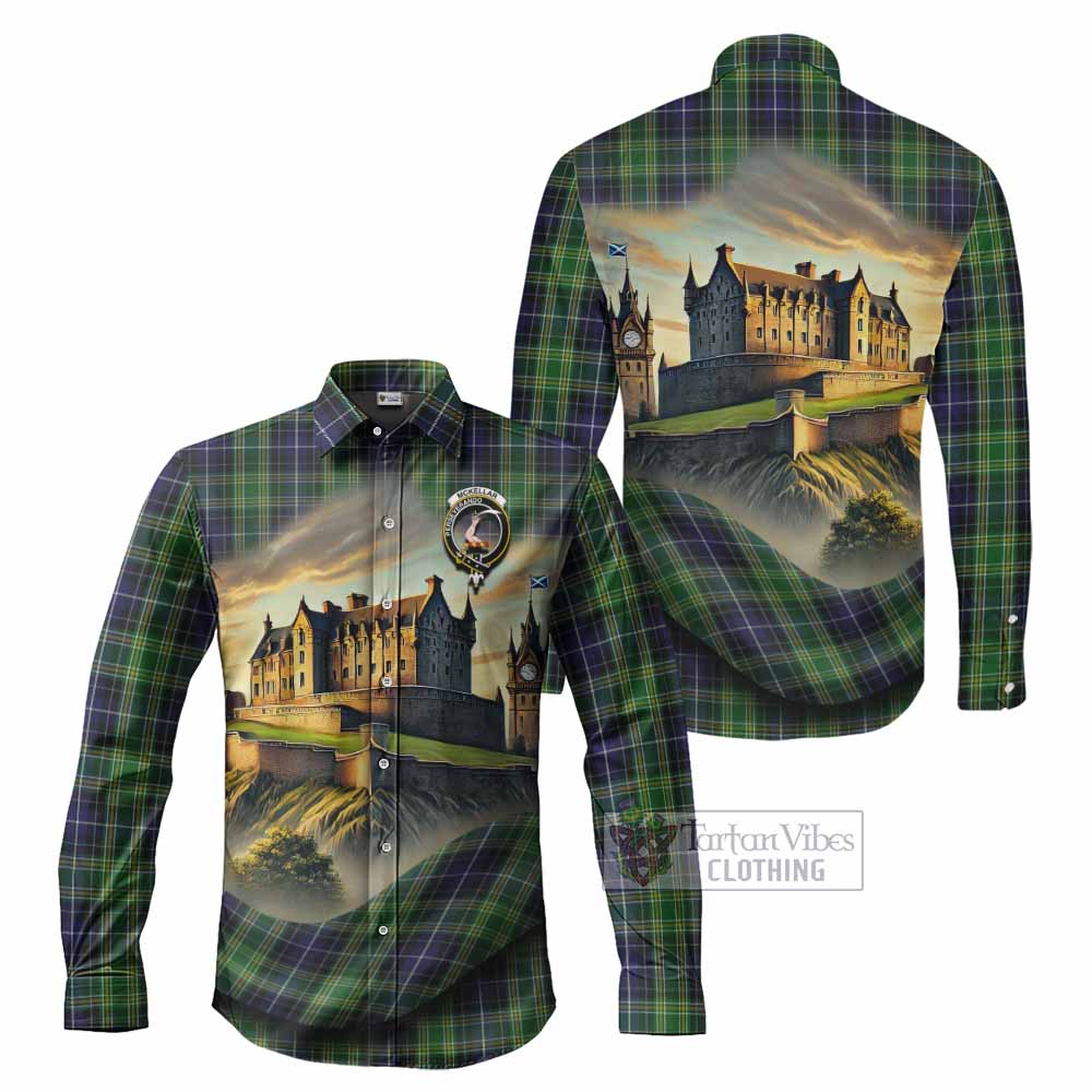 Tartan Vibes Clothing McKellar Tartan Family Crest Long Sleeve Button Shirt with Scottish Ancient Castle Style