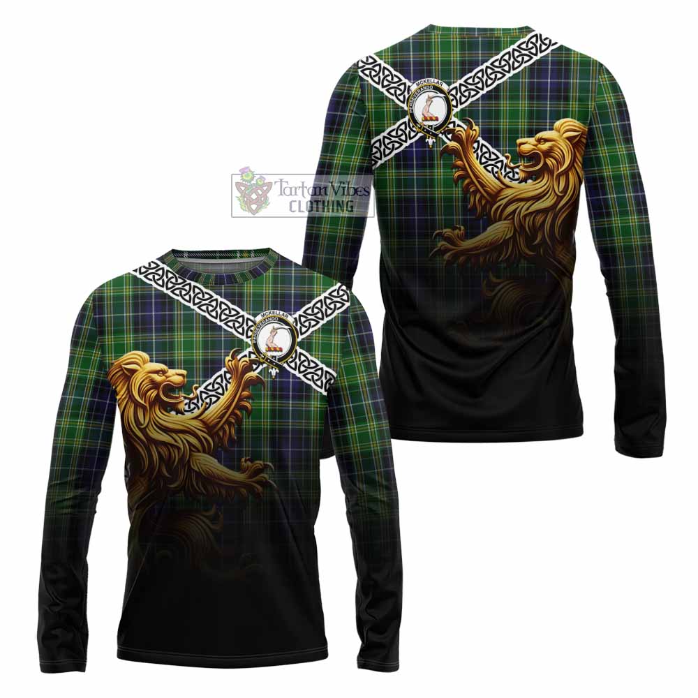 Tartan Vibes Clothing McKellar Crest Tartan Long Sleeve T-Shirt with Golden Lion Emblem Celtic Style