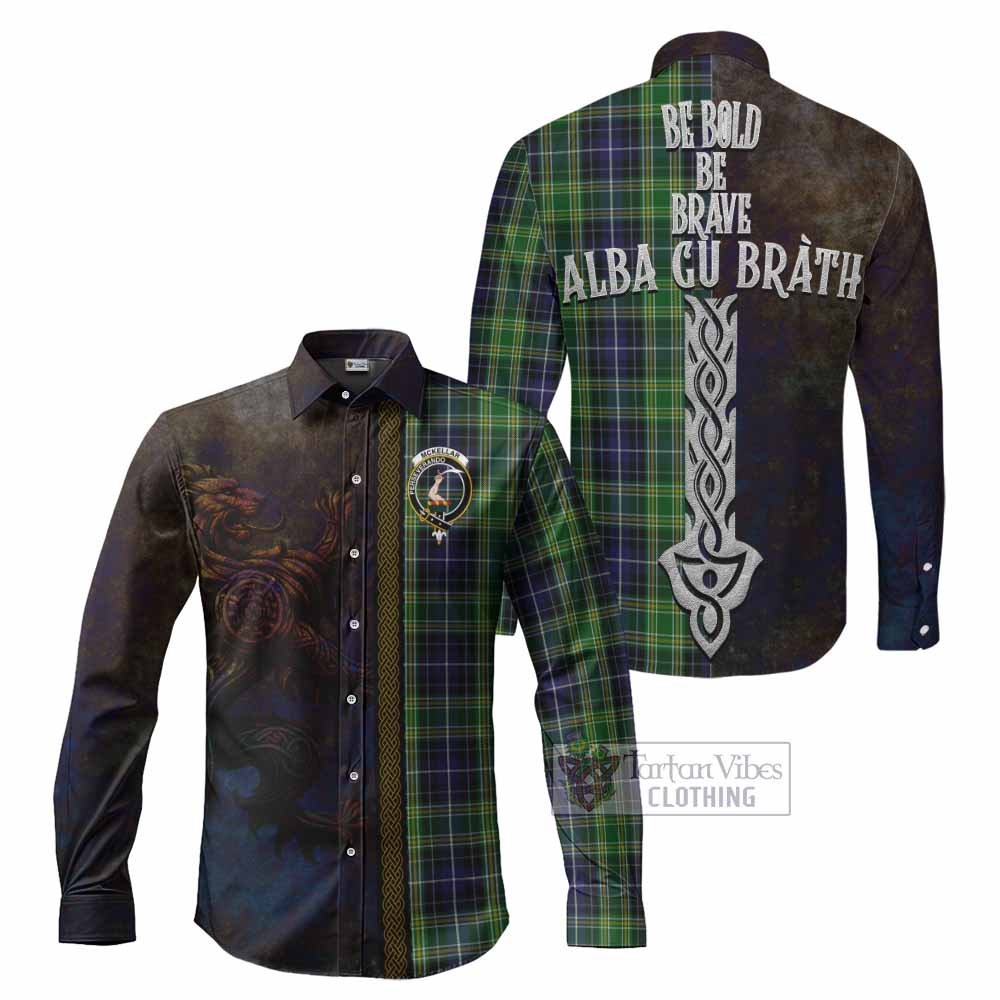 Tartan Vibes Clothing McKellar Tartan Family Crest Long Sleeve Button Shirt Alba Gu Brath Be Brave Lion Ancient Style