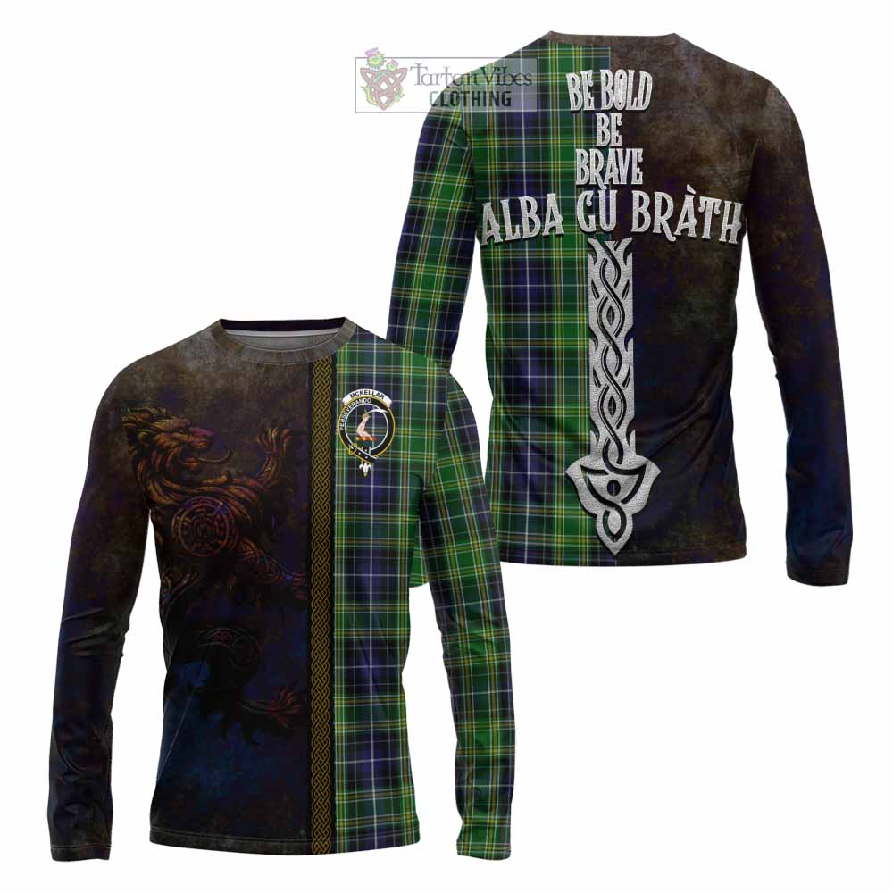 Tartan Vibes Clothing McKellar Tartan Family Crest Long Sleeve T-Shirt Alba Gu Brath Be Brave Lion Ancient Style