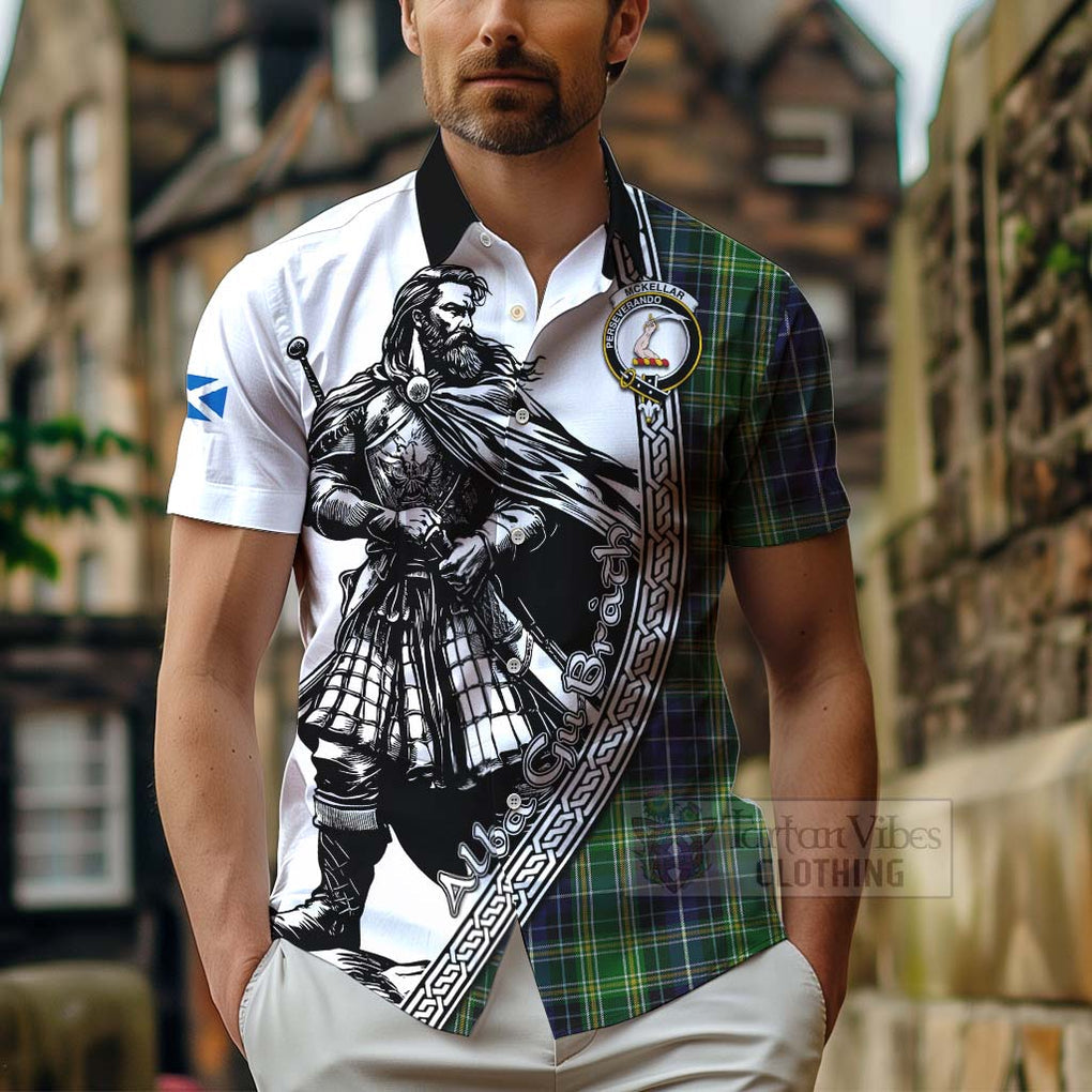 Tartan Vibes Clothing McKellar Tartan Clan Crest Short Sleeve Button Shirt with Highlander Warrior Celtic Style