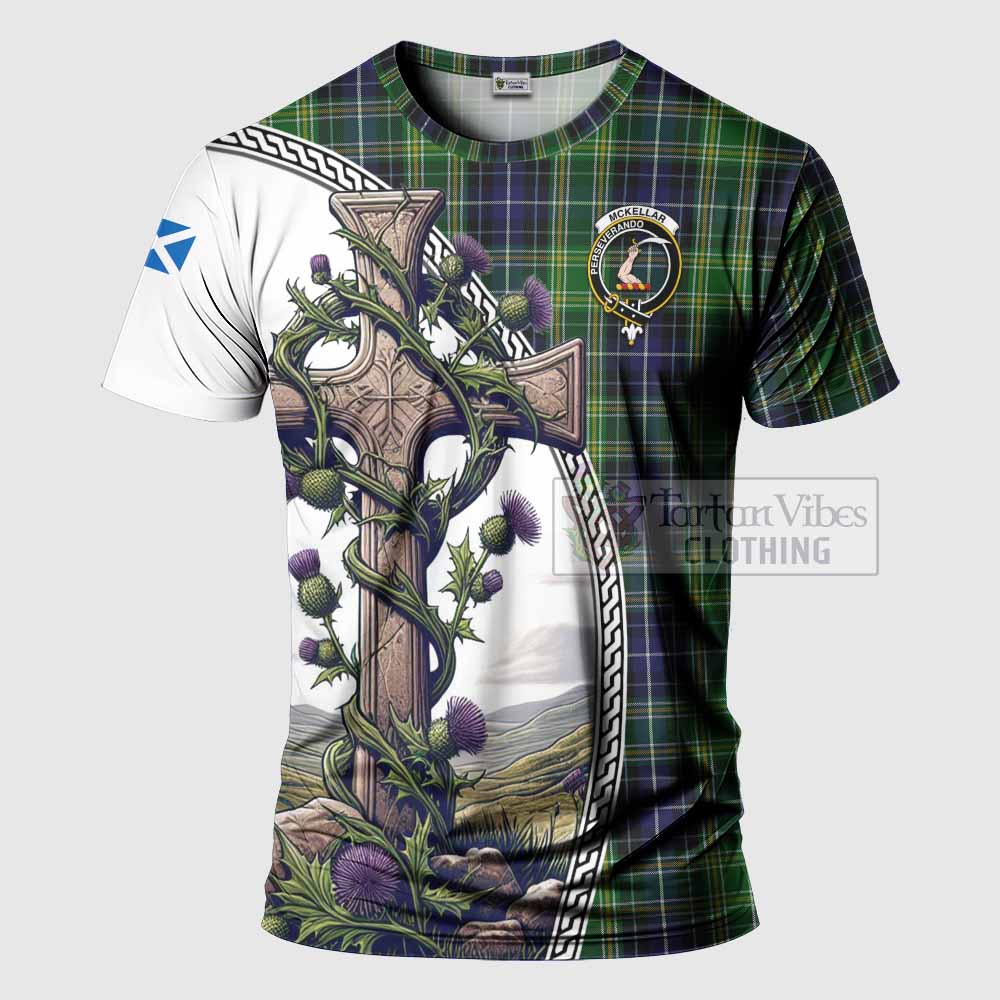 Tartan Vibes Clothing McKellar Agnew Tartan T-Shirt with Family Crest and St. Andrew's Cross Accented by Thistle Vines