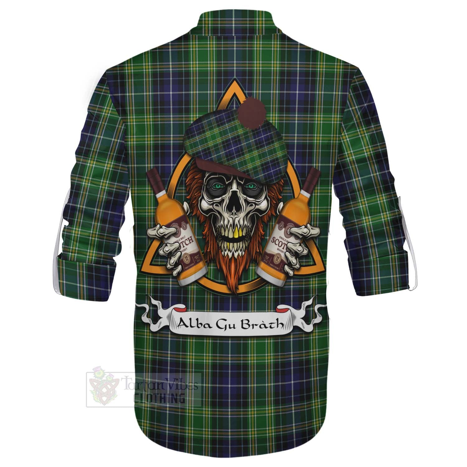 Tartan Vibes Clothing McKellar Tartan Ghillie Kilt Shirt with Family Crest and Bearded Skull Holding Bottles of Whiskey