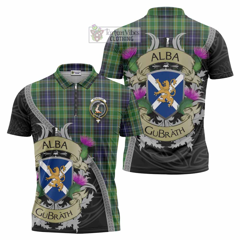 Tartan Vibes Clothing McKellar Tartan Family Crest Zipper Polo Shirt Lion Rampant Royal Thistle Shield Celtic Inspired