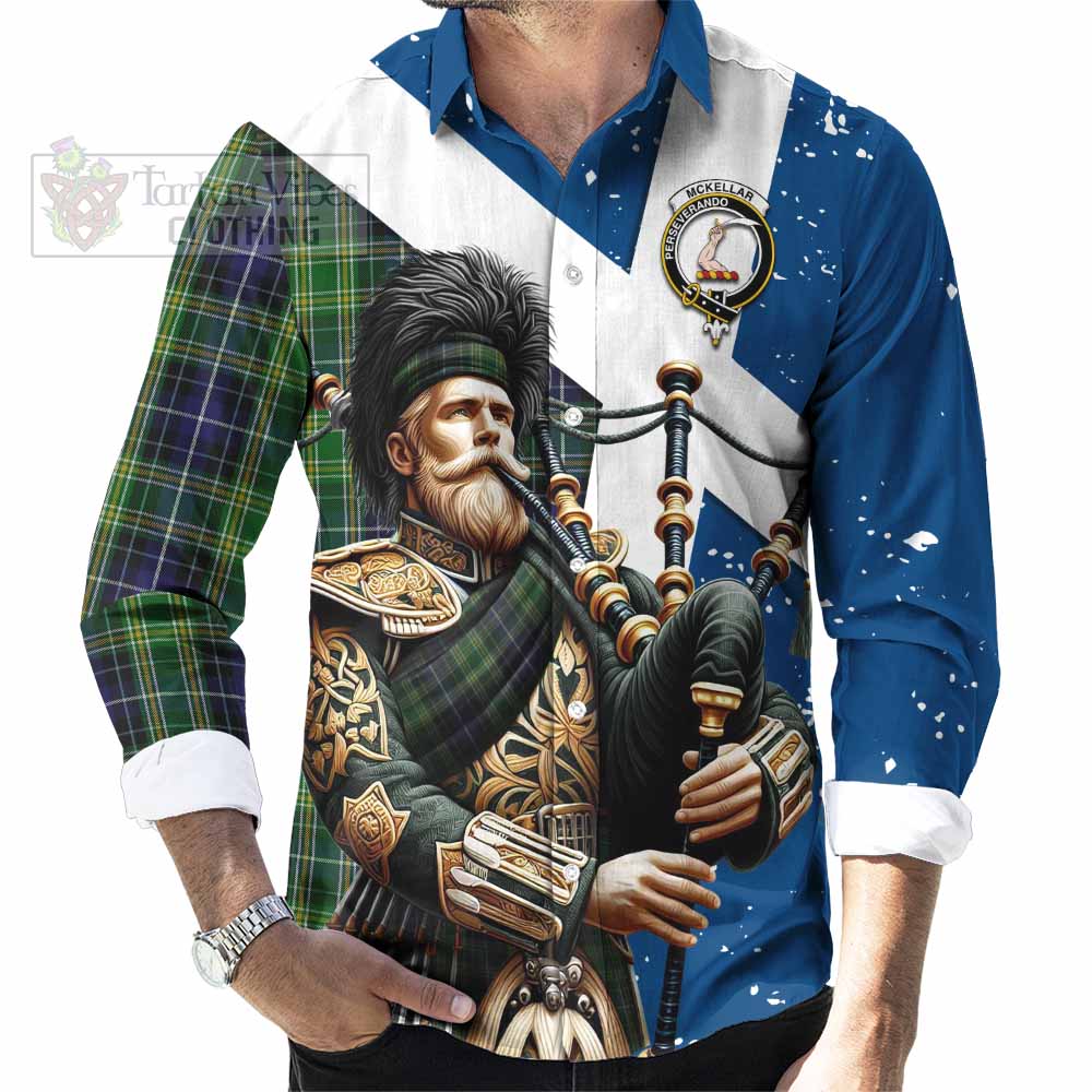 Tartan Vibes Clothing McKellar Tartan Long Sleeve Button Shirt with Family Crest Scottish Bagpiper Vibes