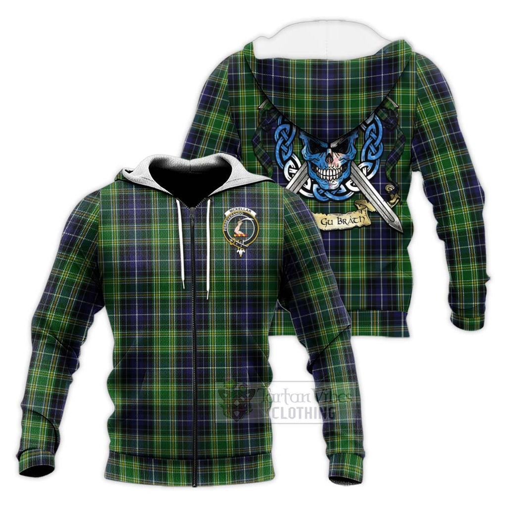 Tartan Vibes Clothing McKellar Tartan Knitted Hoodie with Family Crest Celtic Skull Style