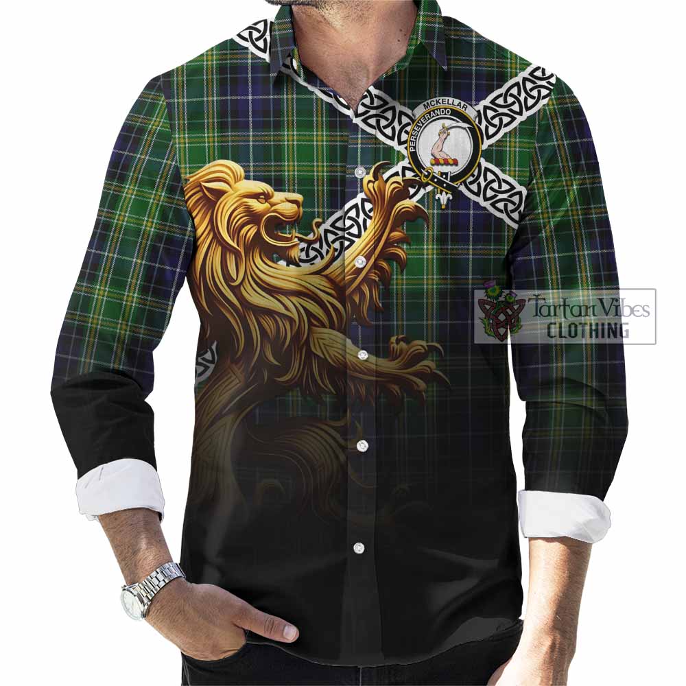 Tartan Vibes Clothing McKellar Crest Tartan Long Sleeve Button Shirt with Golden Lion Emblem Celtic Style