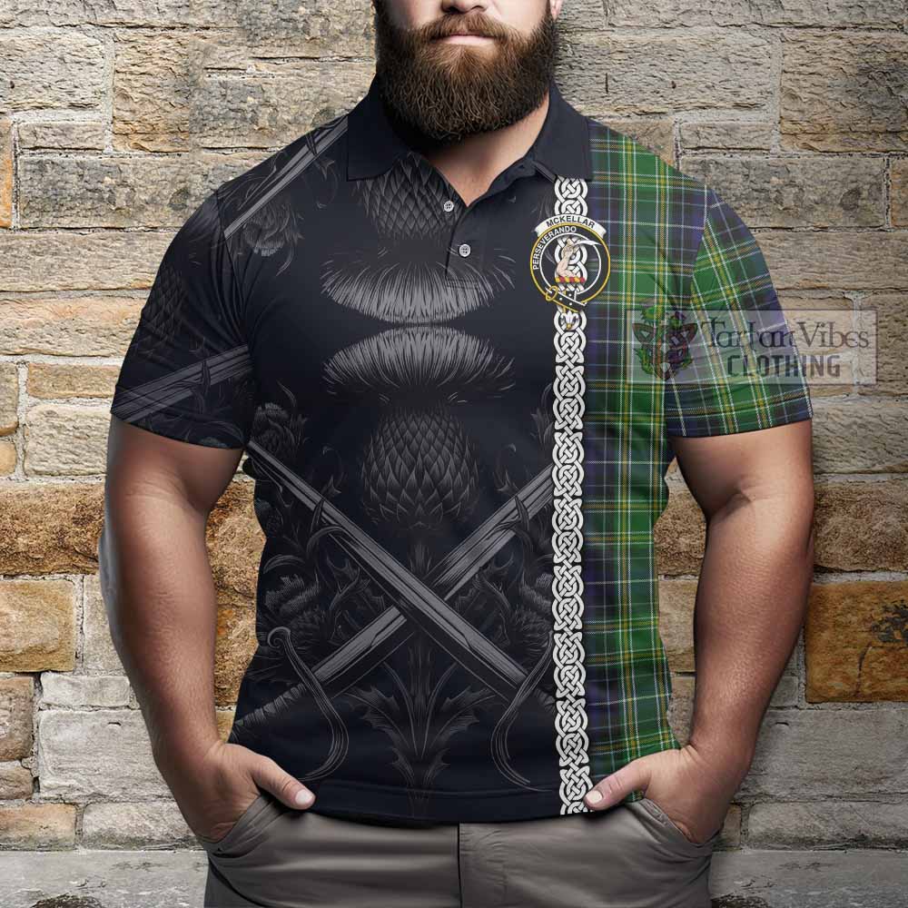 Tartan Vibes Clothing McKellar Tartan Polo Shirt with Family Crest Cross Sword Thistle Celtic Vibes
