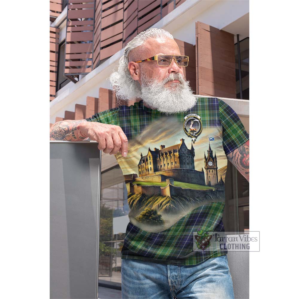 Tartan Vibes Clothing McKellar Tartan Family Crest Cotton T-shirt with Scottish Ancient Castle Style
