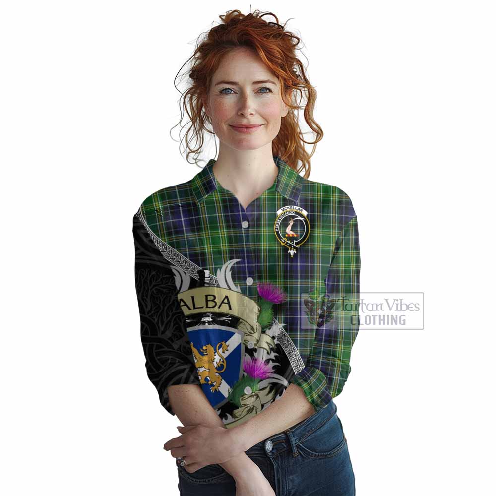Tartan Vibes Clothing McKellar Tartan Family Crest Women's Casual Shirt Lion Rampant Royal Thistle Shield Celtic Inspired