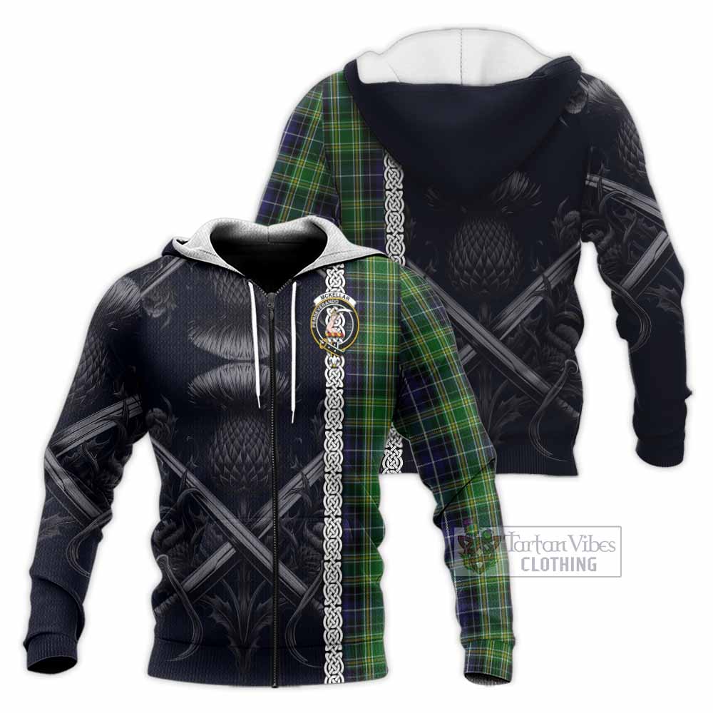 Tartan Vibes Clothing McKellar Tartan Knitted Hoodie with Family Crest Cross Sword Thistle Celtic Vibes