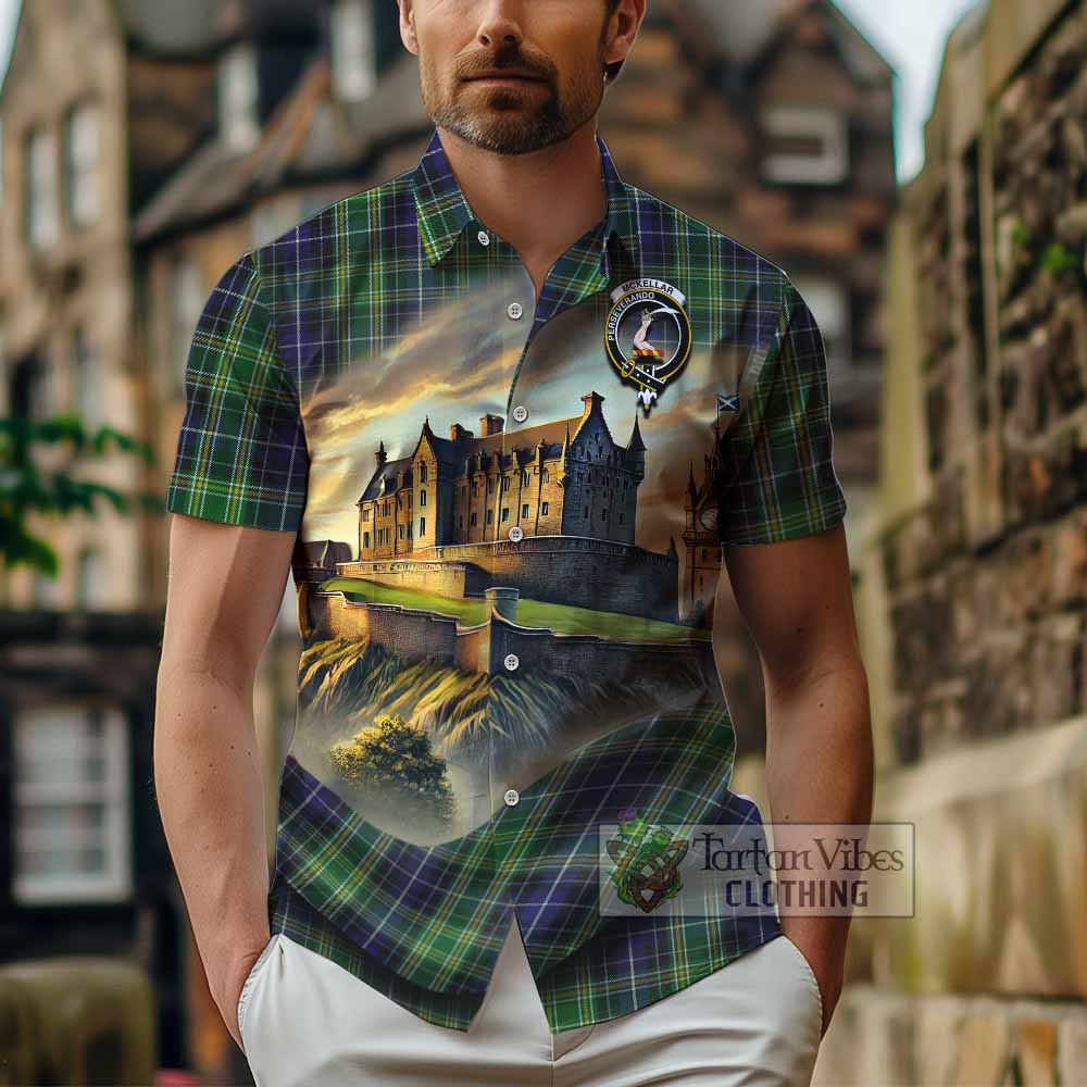 Tartan Vibes Clothing McKellar Tartan Family Crest Short Sleeve Button Shirt with Scottish Ancient Castle Style