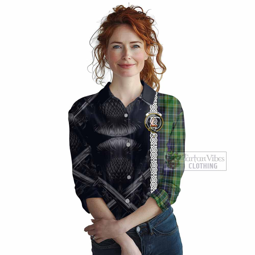 Tartan Vibes Clothing McKellar Tartan Women's Casual Shirt with Family Crest Cross Sword Thistle Celtic Vibes