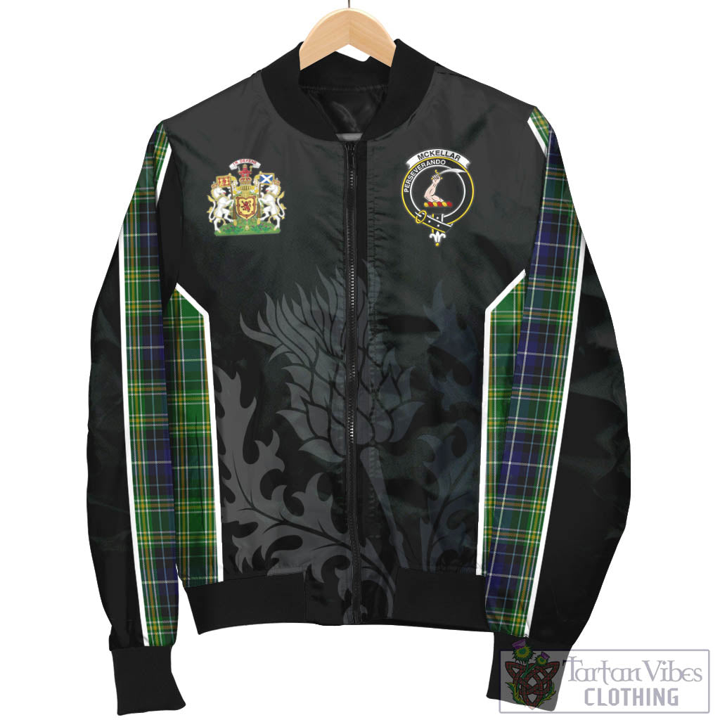 Tartan Vibes Clothing McKellar Tartan Bomber Jacket with Family Crest and Scottish Thistle Vibes Sport Style