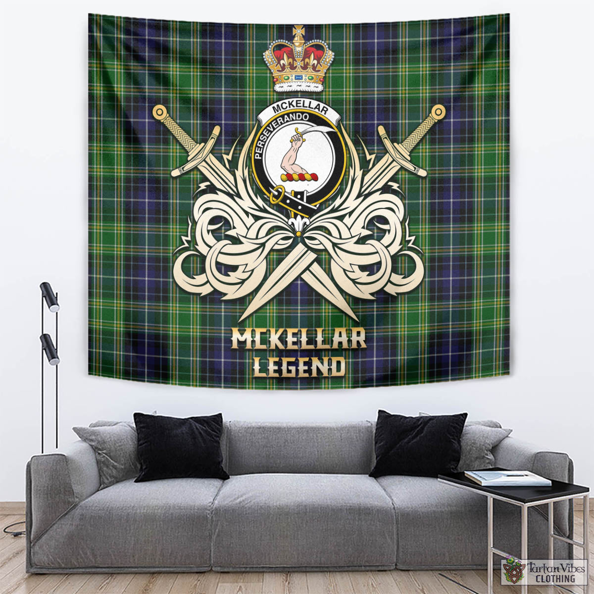 Tartan Vibes Clothing McKellar Tartan Tapestry with Clan Crest and the Golden Sword of Courageous Legacy