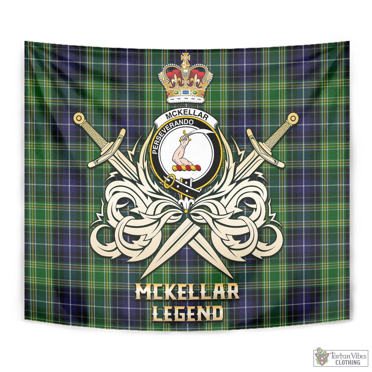 Tartan Vibes Clothing McKellar Tartan Tapestry with Clan Crest and the Golden Sword of Courageous Legacy
