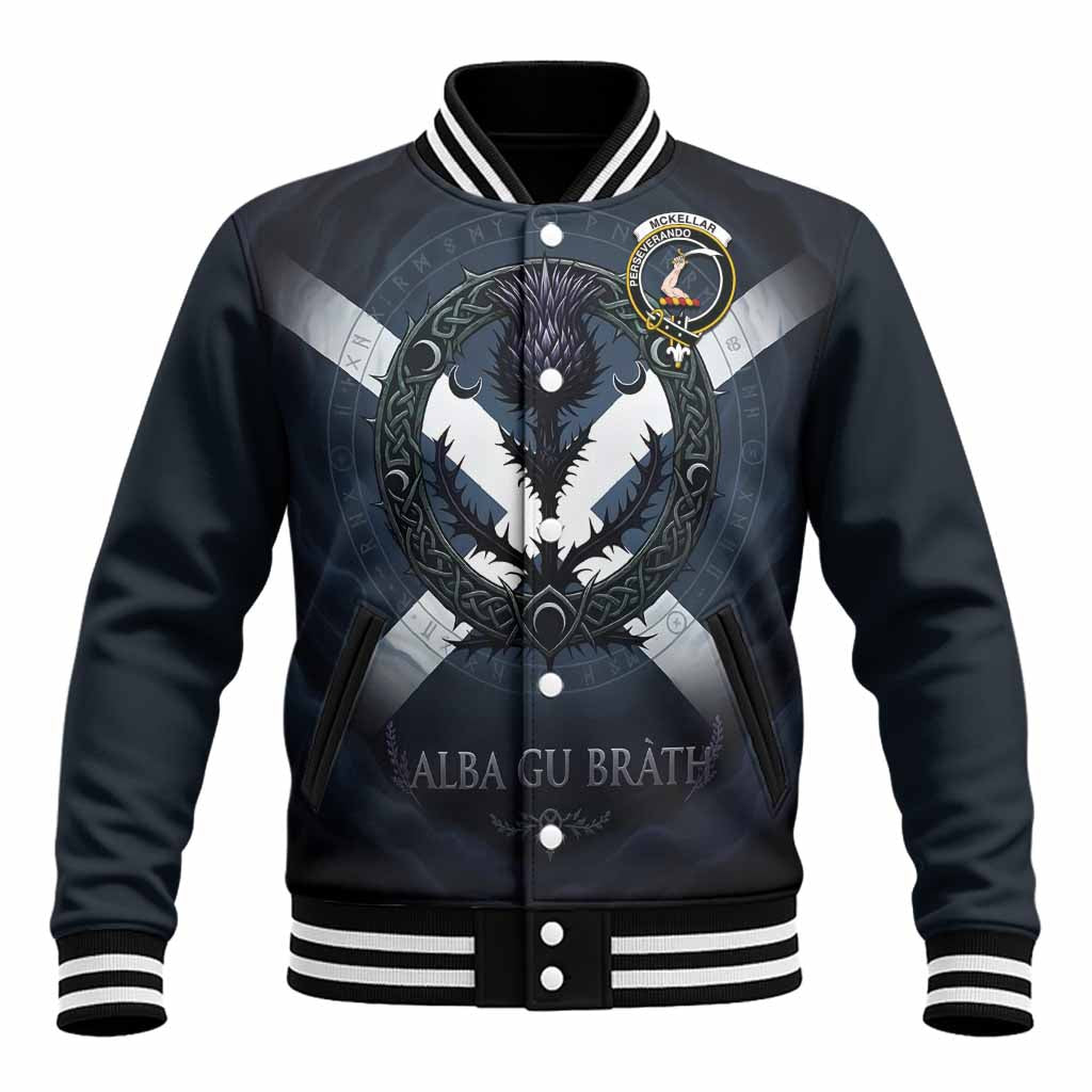 McKellar Clan Crest Baseball Jacket with Celtic Knot Thistle and Saltire Unisex - Tartan Vibes Clothing