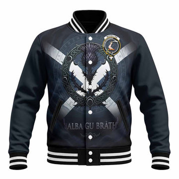 McKellar Clan Crest Baseball Jacket with Celtic Knot Thistle and Saltire