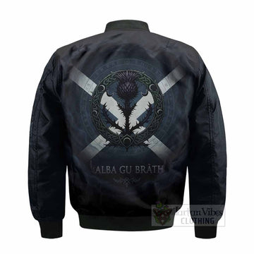 McKellar Clan Crest Bomber Jacket with Celtic Knot Thistle and Saltire