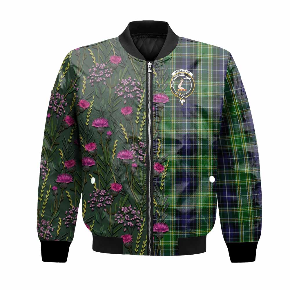 McKellar Family Crest Tartan Bomber Jacket Scottish Thistle Flower Pattern Half Style - Tartan Vibes Clothing