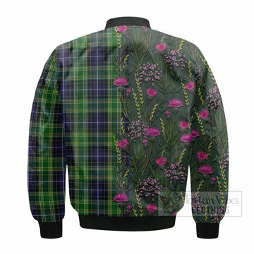 McKellar Family Crest Tartan Bomber Jacket Scottish Thistle Flower Pattern Half Style - Tartan Vibes Clothing