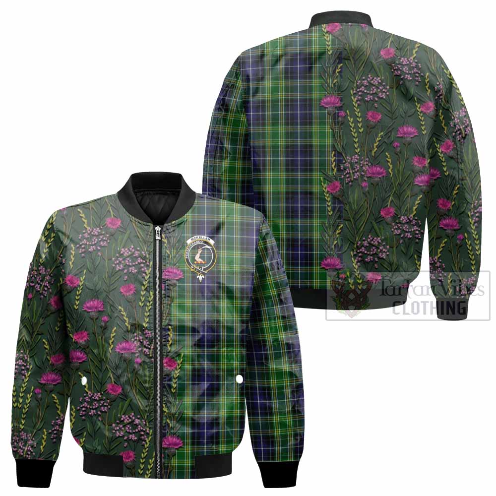 McKellar Family Crest Tartan Bomber Jacket Scottish Thistle Flower Pattern Half Style - Tartan Vibes Clothing