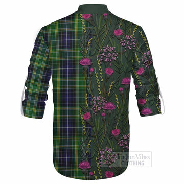 McKellar Family Crest Tartan Ghillie Shirt Scottish Thistle Flower Pattern Half Style - Tartan Vibes Clothing