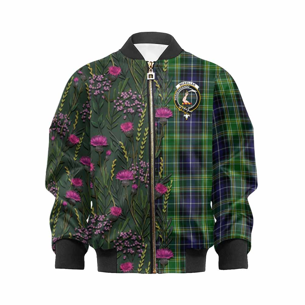McKellar Family Crest Tartan Kid Bomber Jacket Scottish Thistle Flower Pattern Half Style - Tartan Vibes Clothing