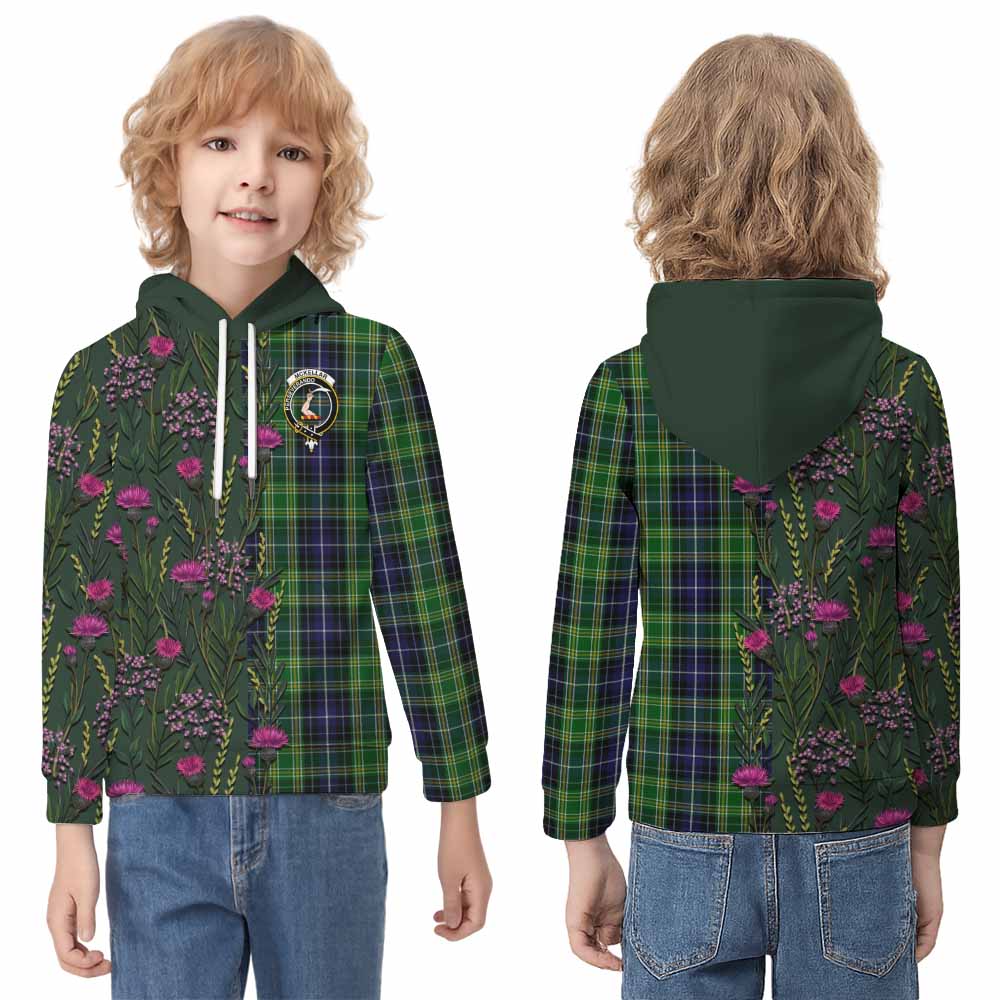 McKellar Family Crest Tartan Kid Hoodie Scottish Thistle Flower Pattern Half Style - Tartan Vibes Clothing