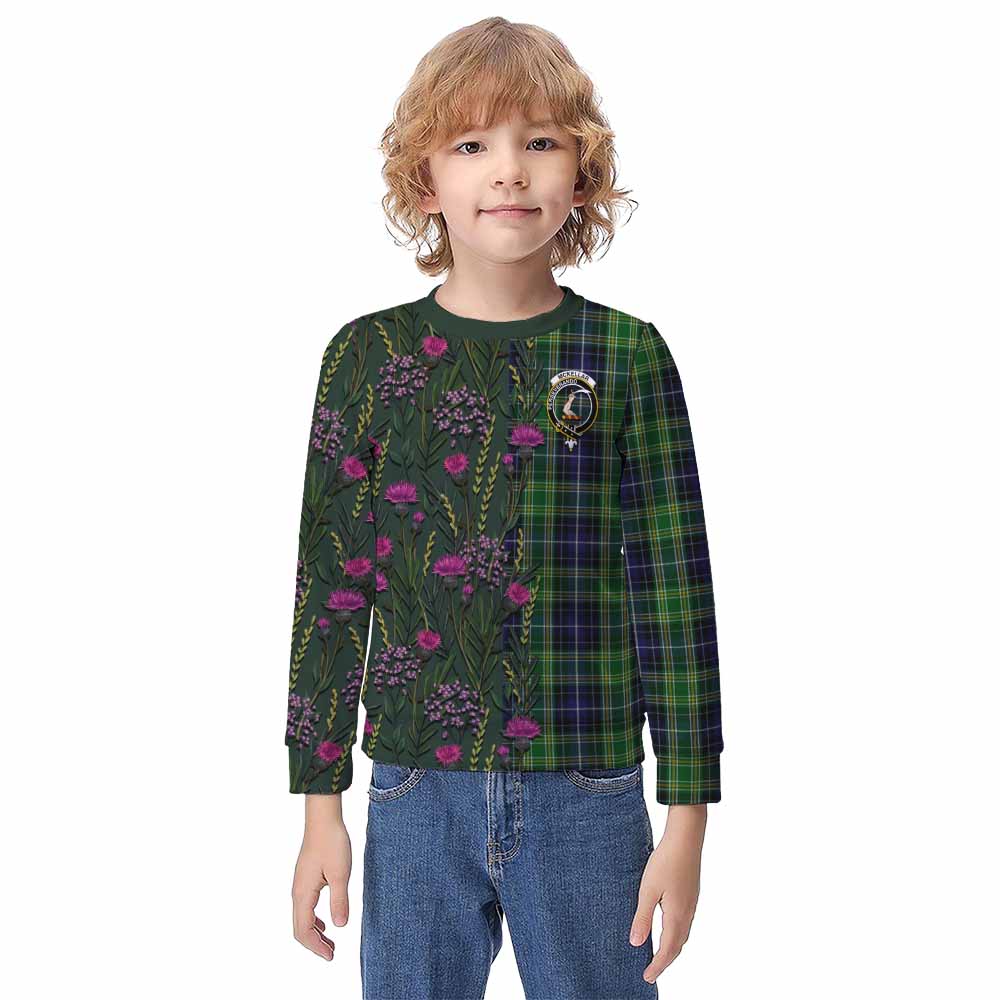 McKellar Family Crest Tartan Kid Knitted Sweatshirt Scottish Thistle Flower Pattern Half Style - Tartan Vibes Clothing