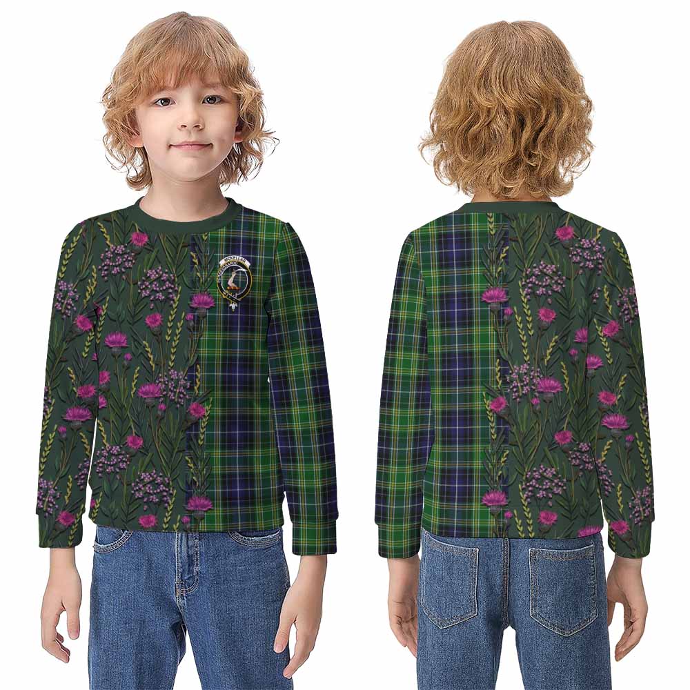 McKellar Family Crest Tartan Kid Knitted Sweatshirt Scottish Thistle Flower Pattern Half Style - Tartan Vibes Clothing
