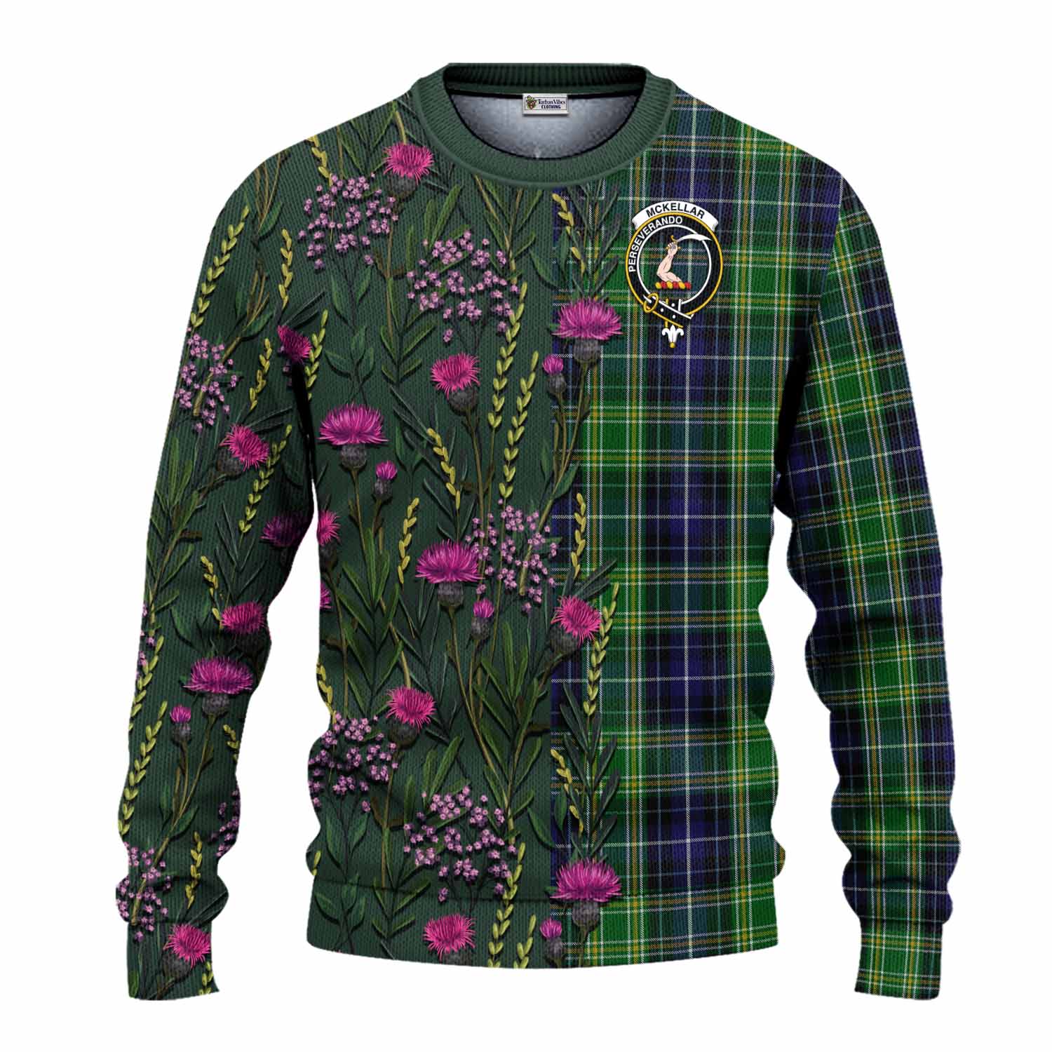 McKellar Family Crest Tartan Knitted Sweater Scottish Thistle Flower Pattern Half Style - Tartan Vibes Clothing