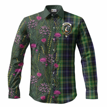 McKellar Family Crest Tartan Long Sleeve Button Shirts Scottish Thistle Flower Pattern Half Style - Tartan Vibes Clothing