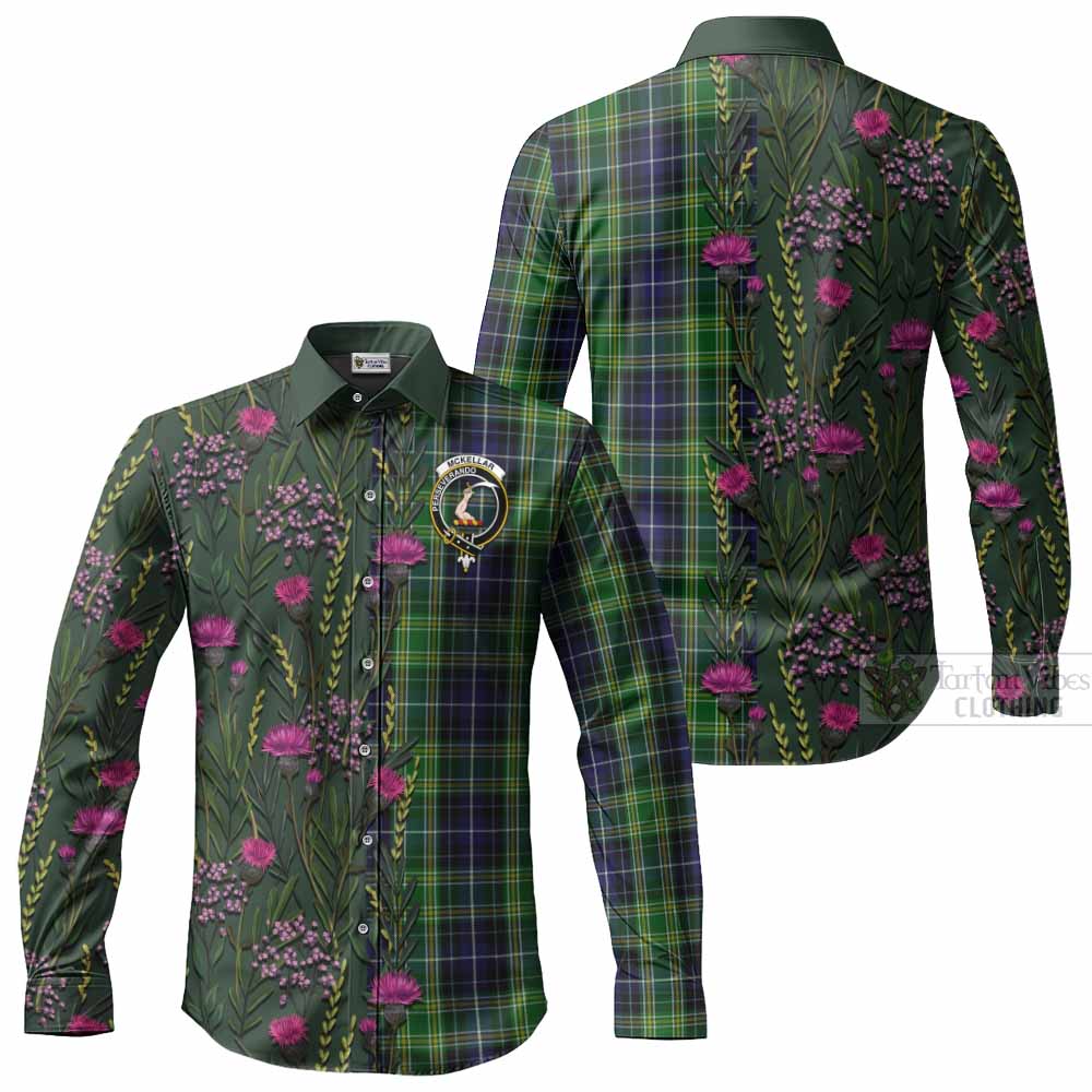 McKellar Family Crest Tartan Long Sleeve Button Shirts Scottish Thistle Flower Pattern Half Style - Tartan Vibes Clothing