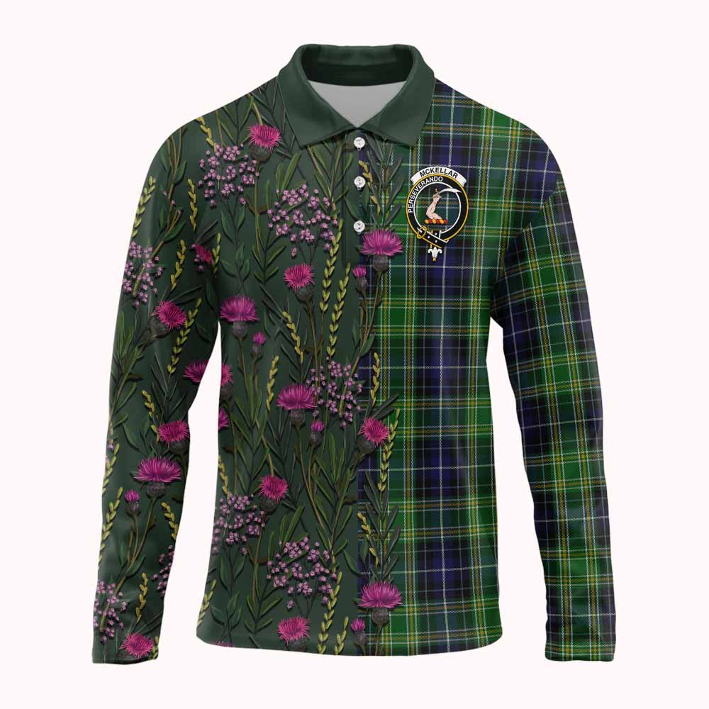 McKellar Family Crest Tartan Long Sleeve Polo Shirt Scottish Thistle Flower Pattern Half Style - Tartan Vibes Clothing