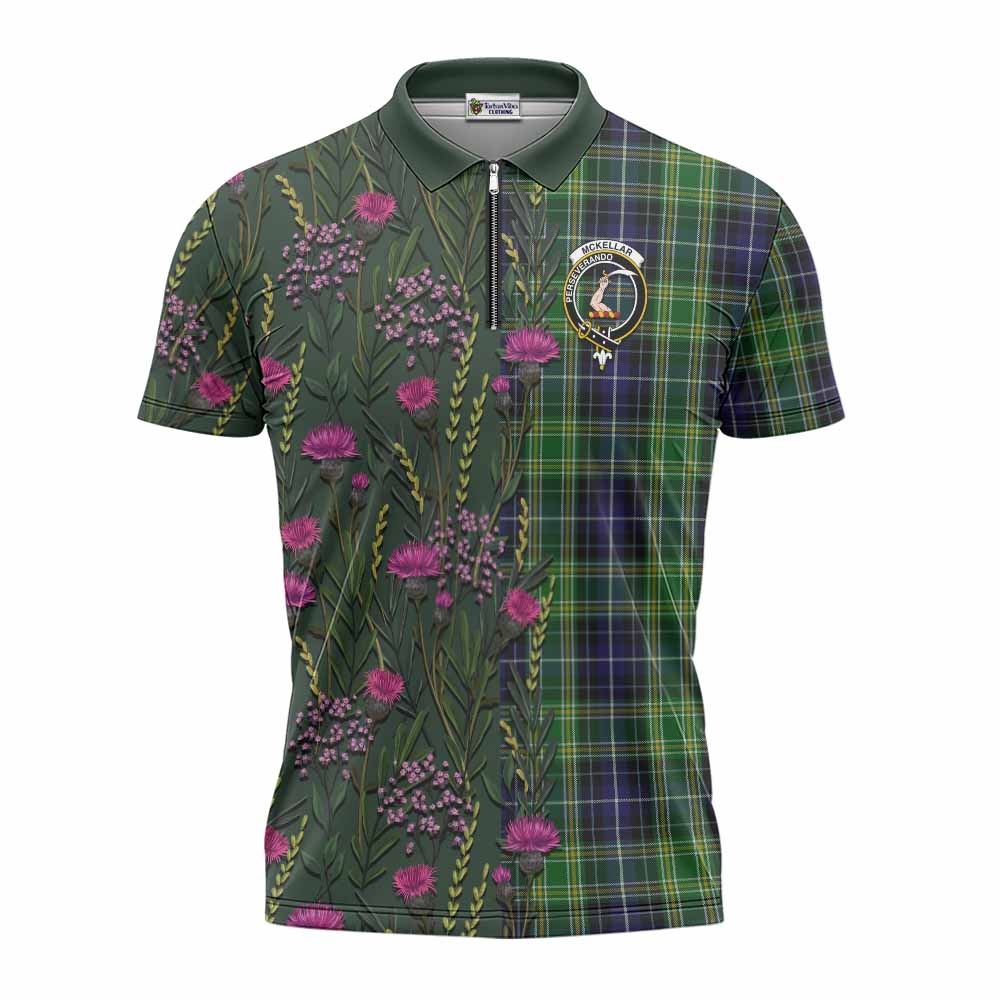 McKellar Family Crest Tartan Zipper Polo Shirt Scottish Thistle Flower Pattern Half Style - Tartan Vibes Clothing