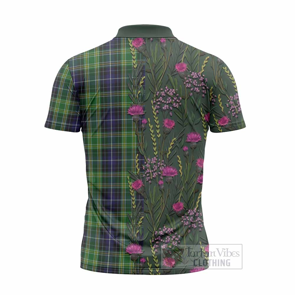 McKellar Family Crest Tartan Zipper Polo Shirt Scottish Thistle Flower Pattern Half Style - Tartan Vibes Clothing