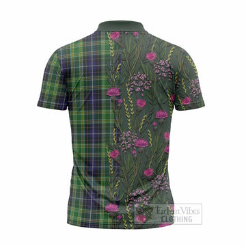 McKellar Family Crest Tartan Zipper Polo Shirt Scottish Thistle Flower Pattern Half Style - Tartan Vibes Clothing