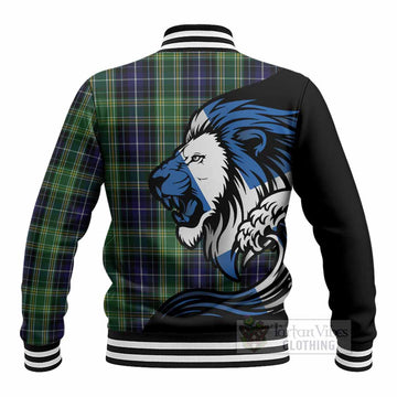 McKellar Tartan Crest Baseball Jacket Scottish Golden Lions Wave Flow