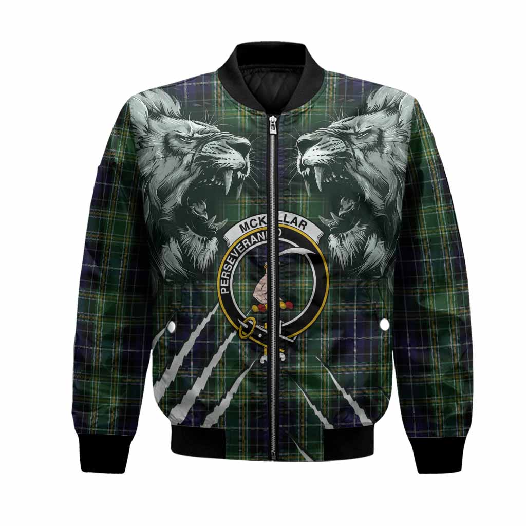 McKellar Tartan Crest Bomber Jacket Ferocious Lion Style Unisex Black - Tartan Vibes Clothing