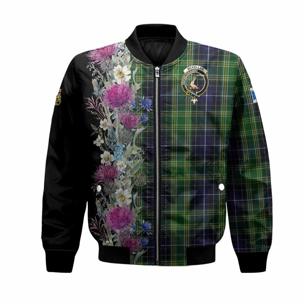 McKellar Tartan Crest Thistle Floral Bomber Jacket Unisex Black - Tartan Vibes Clothing